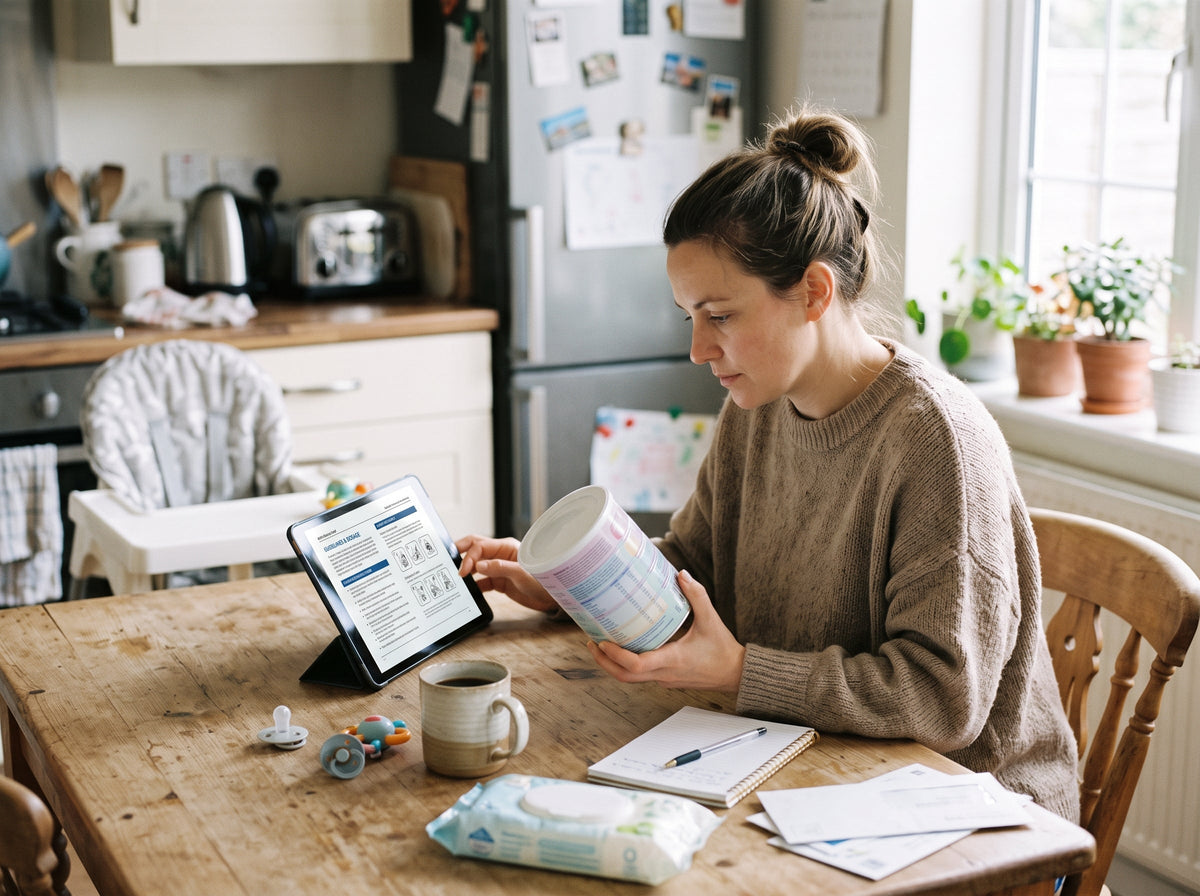 Parent reviewing product information on a tablet at a home table.